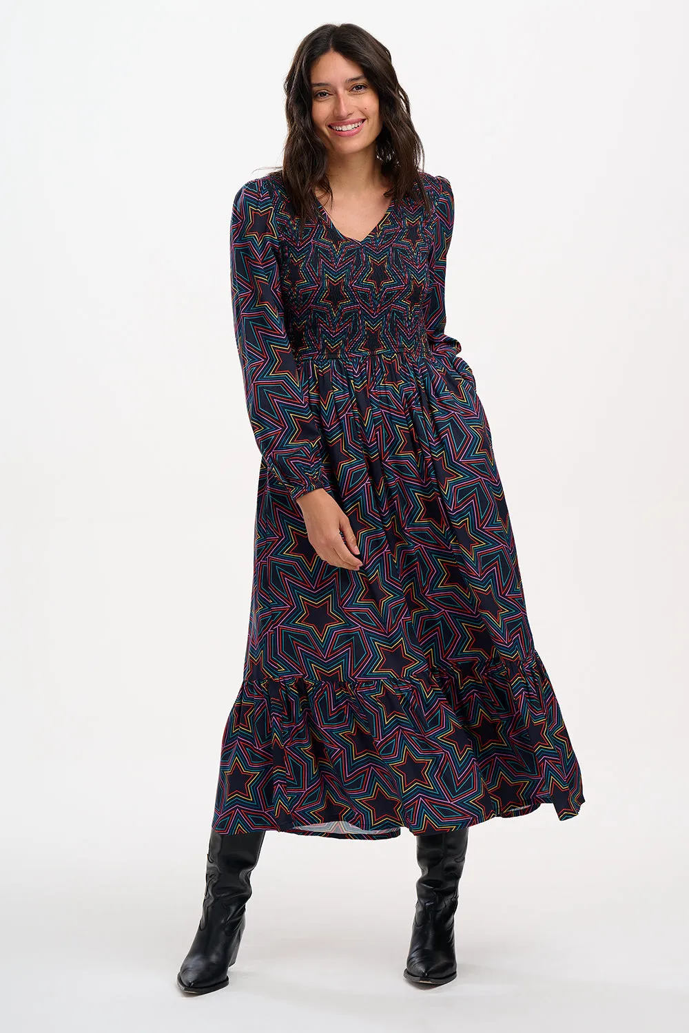 Amberly Midi Shirred Dress - Black. Rainbow Star Explosion