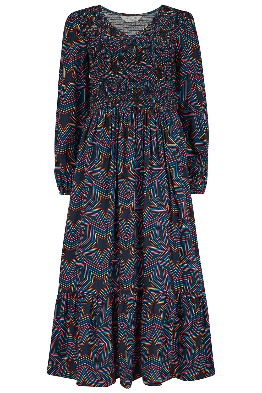 Amberly Midi Shirred Dress - Black. Rainbow Star Explosion