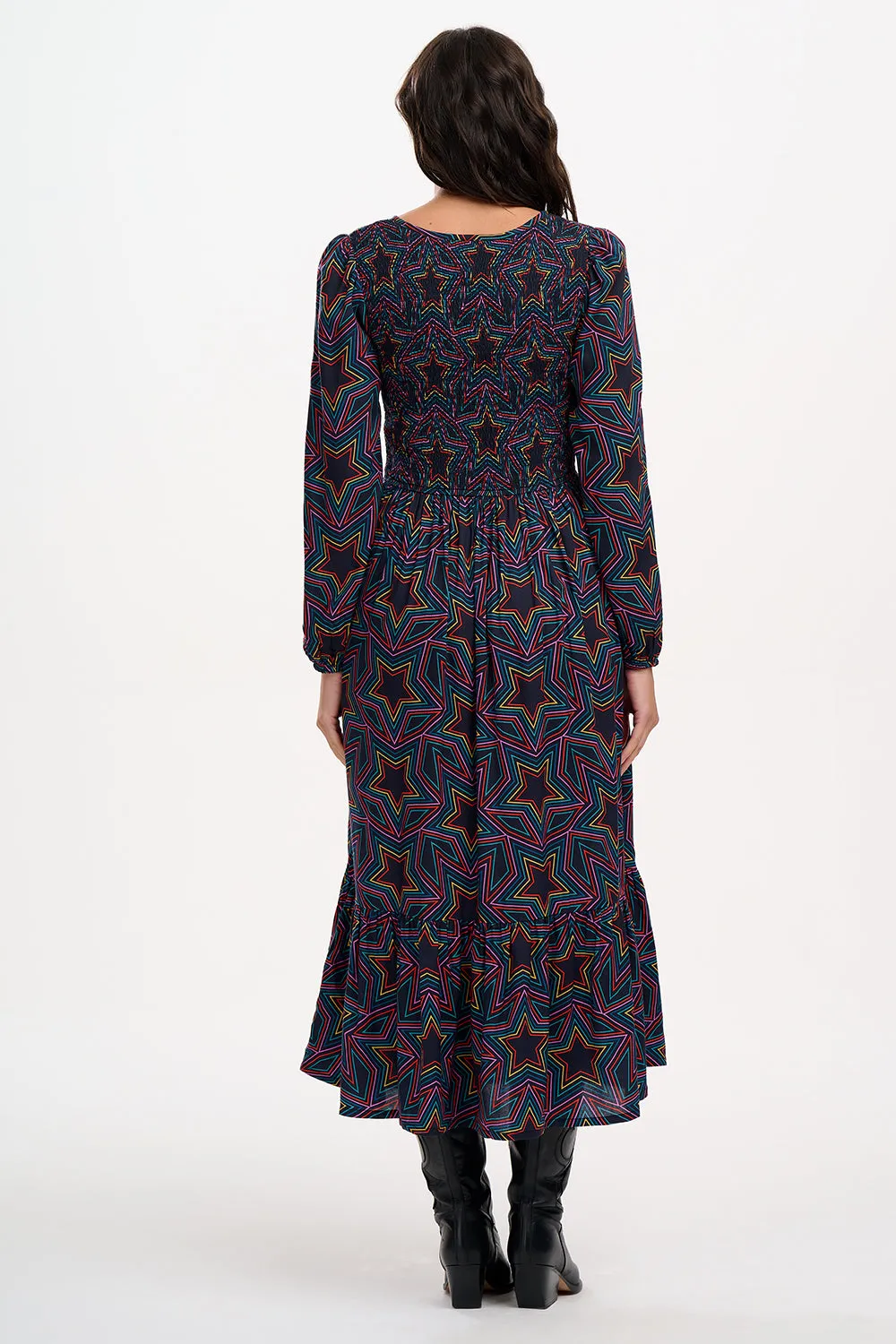 Amberly Midi Shirred Dress - Black. Rainbow Star Explosion