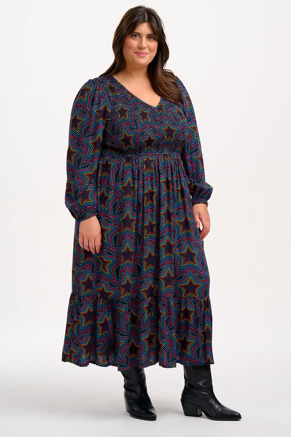 Amberly Midi Shirred Dress - Black. Rainbow Star Explosion