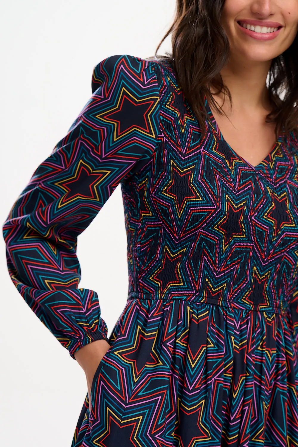 Amberly Midi Shirred Dress - Black. Rainbow Star Explosion