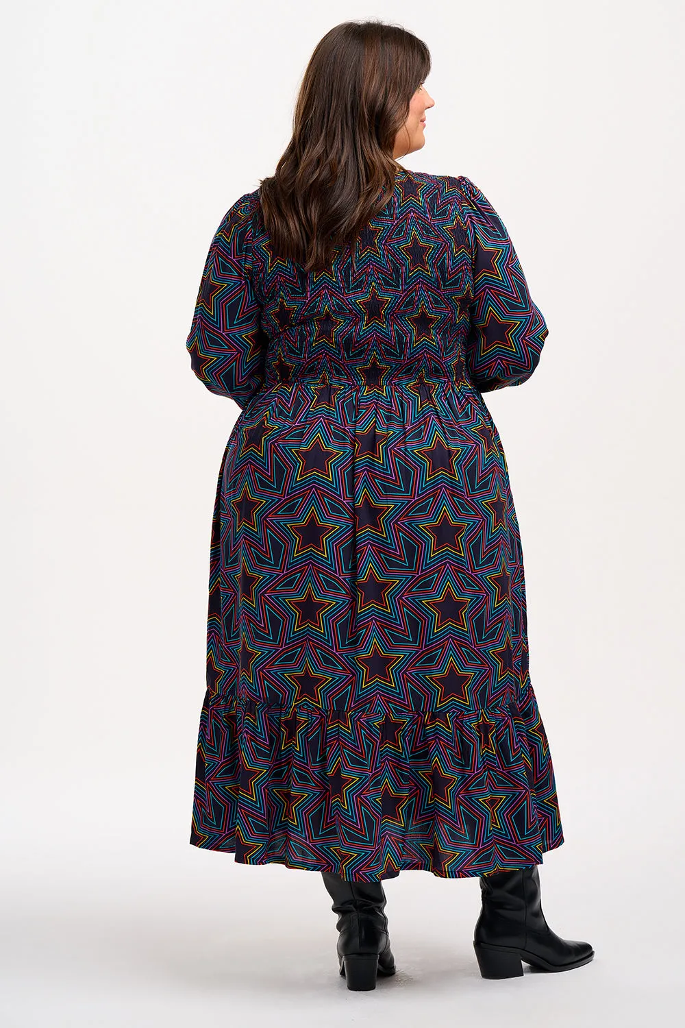 Amberly Midi Shirred Dress - Black. Rainbow Star Explosion