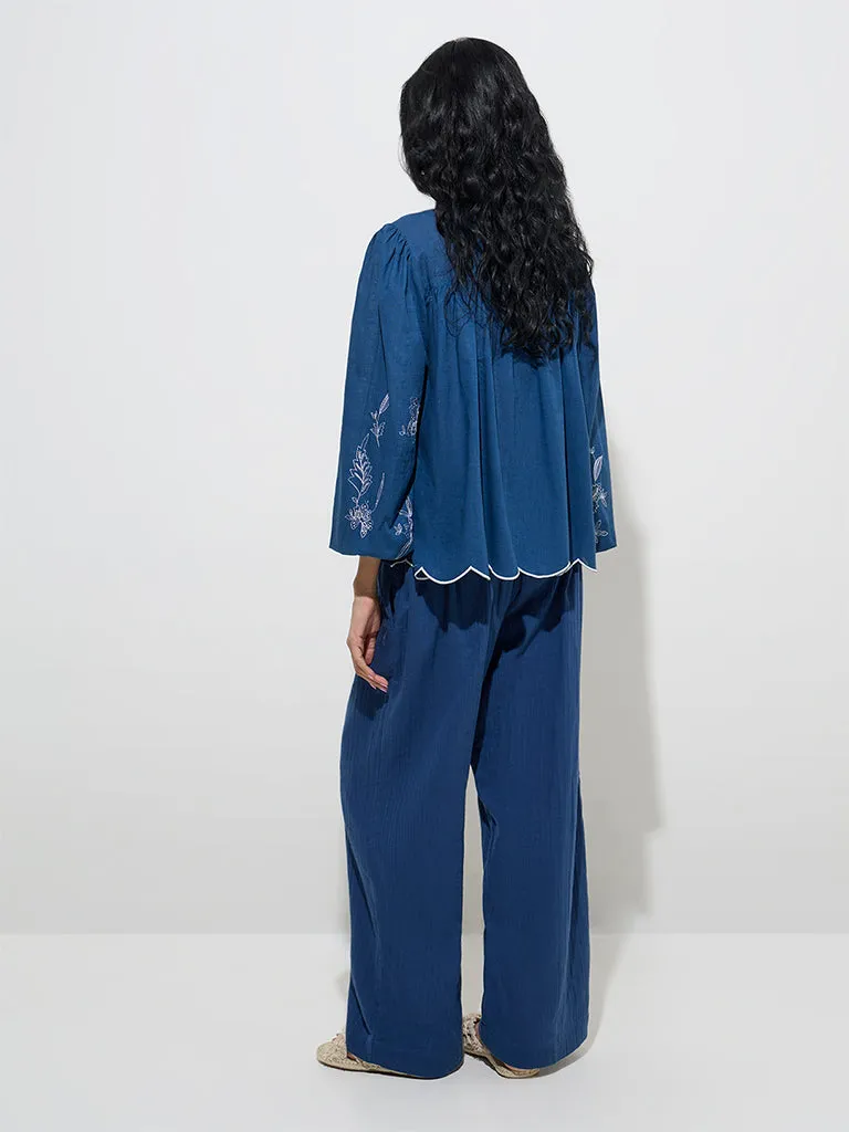 Bombay Paisley Indigo Floral Embroidered Cotton Blouse