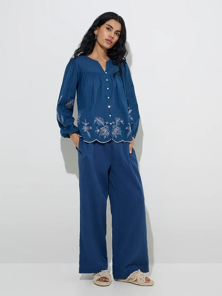 Bombay Paisley Indigo Floral Embroidered Cotton Blouse