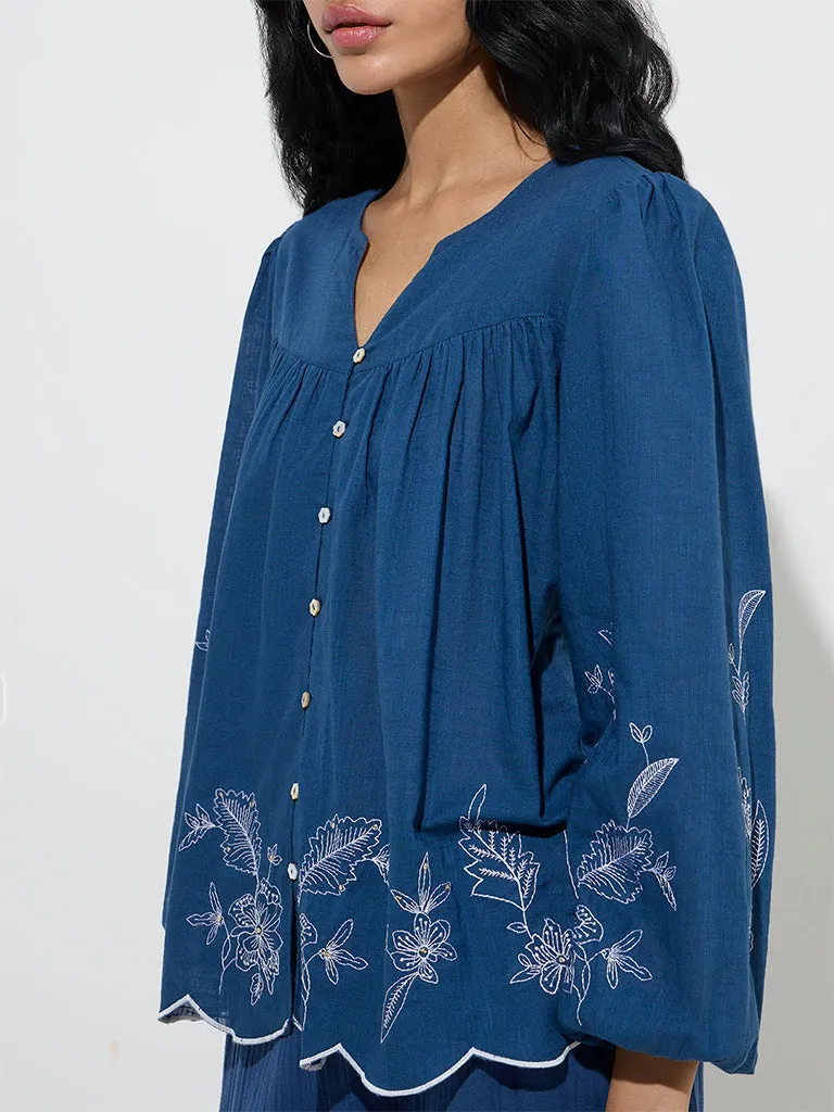 Bombay Paisley Indigo Floral Embroidered Cotton Blouse
