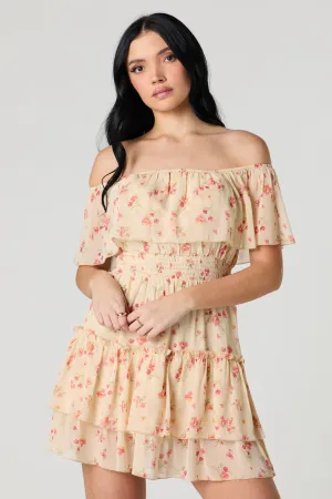 Chiffon Off Shoulder Tiered Mini Dress