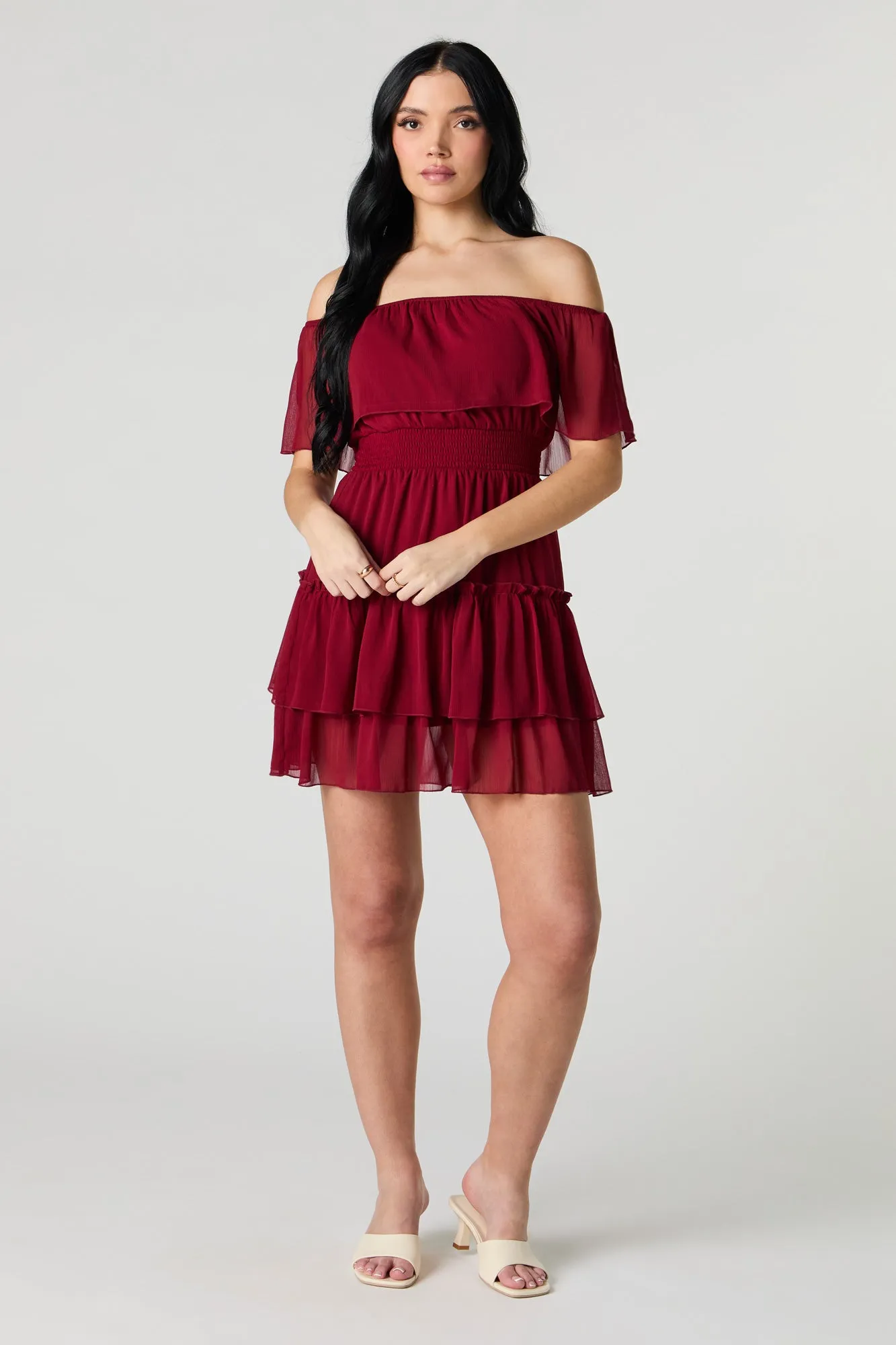 Chiffon Off Shoulder Tiered Mini Dress