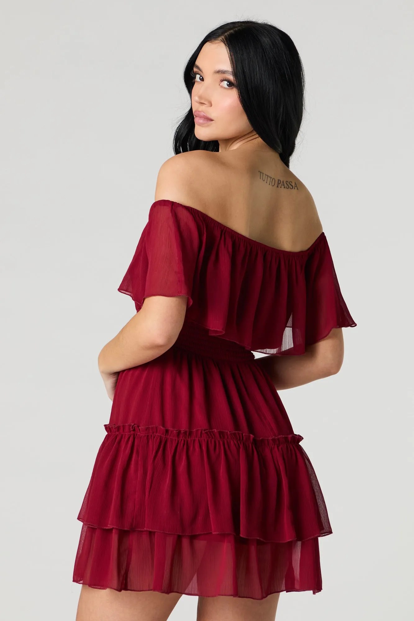 Chiffon Off Shoulder Tiered Mini Dress