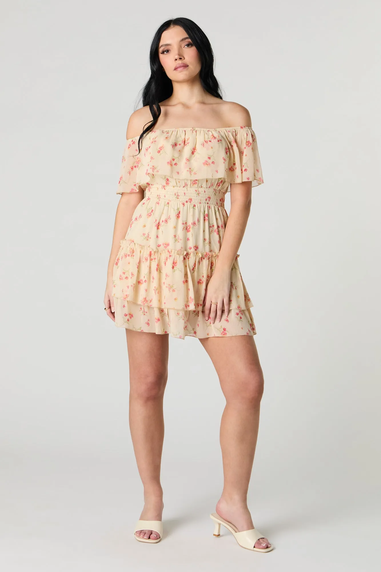 Chiffon Off Shoulder Tiered Mini Dress