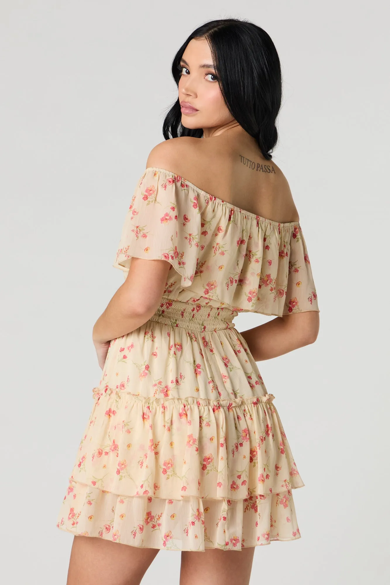 Chiffon Off Shoulder Tiered Mini Dress