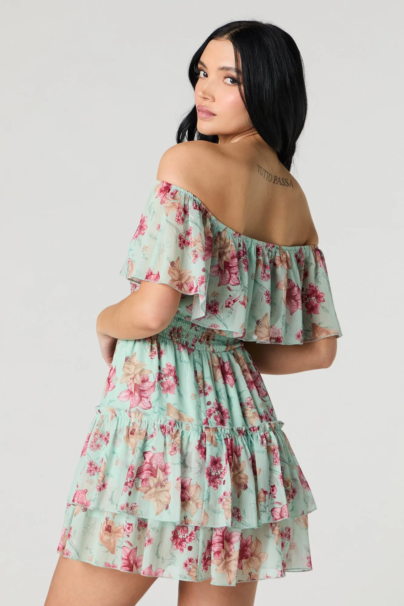 Chiffon Off Shoulder Tiered Mini Dress