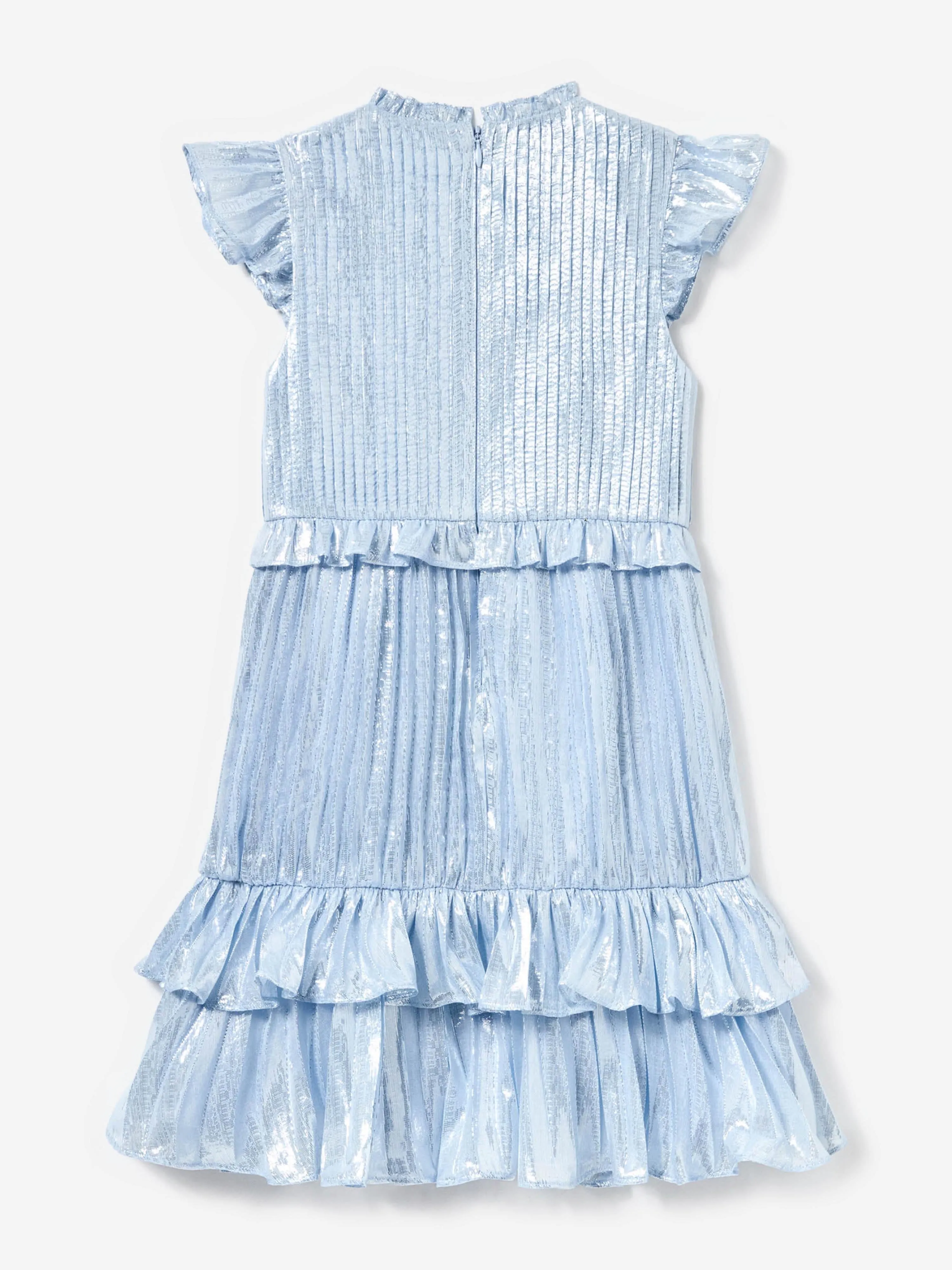 Girls Silk Metallic Ruffle Dress in Blue