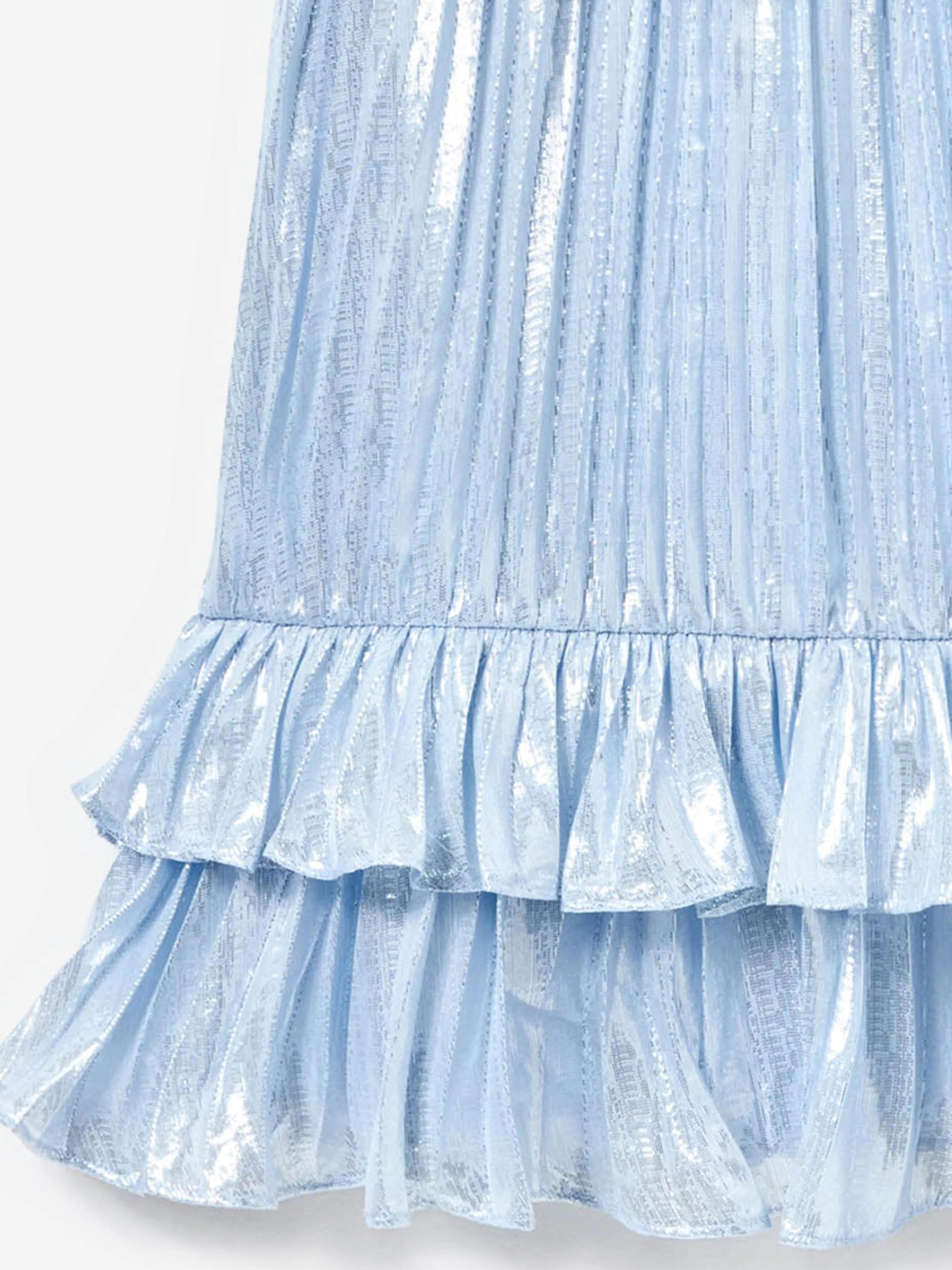 Girls Silk Metallic Ruffle Dress in Blue