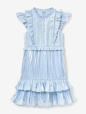 Girls Silk Metallic Ruffle Dress in Blue