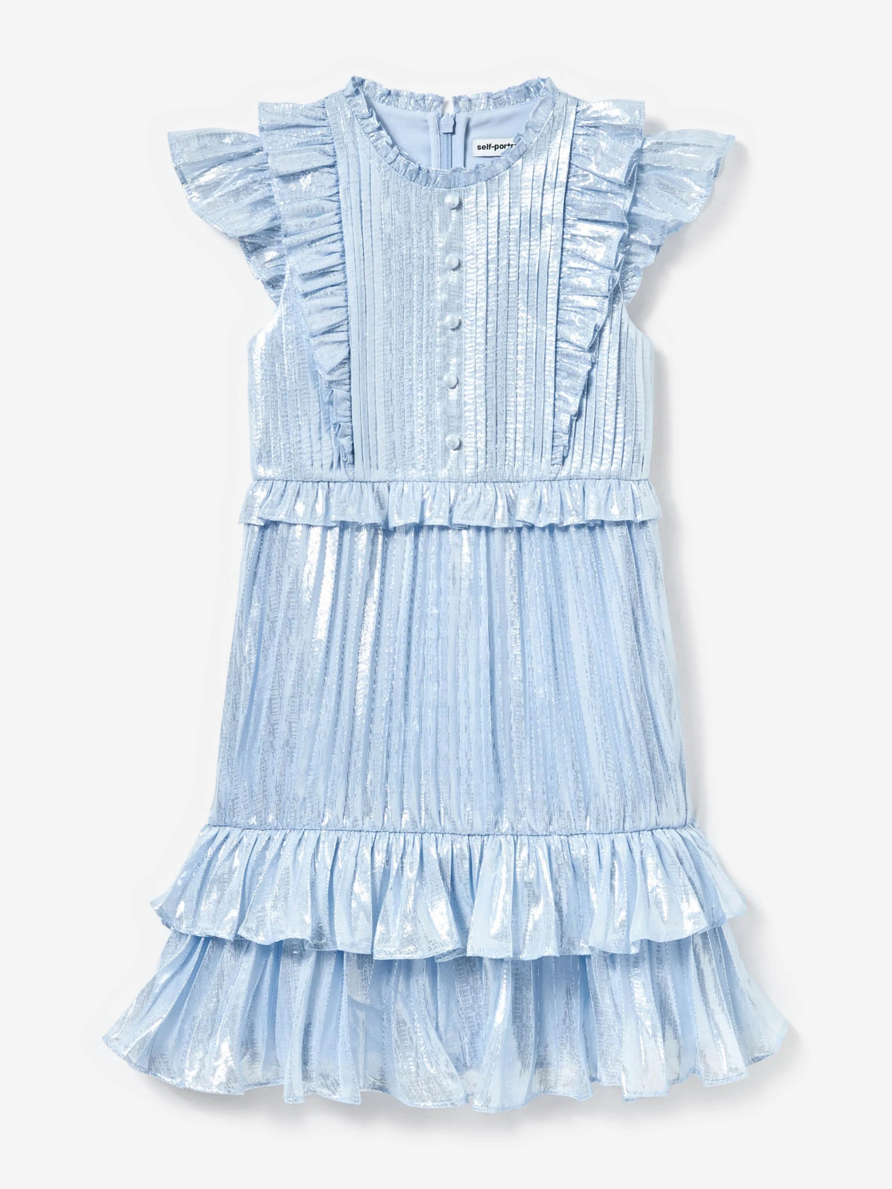 Girls Silk Metallic Ruffle Dress in Blue