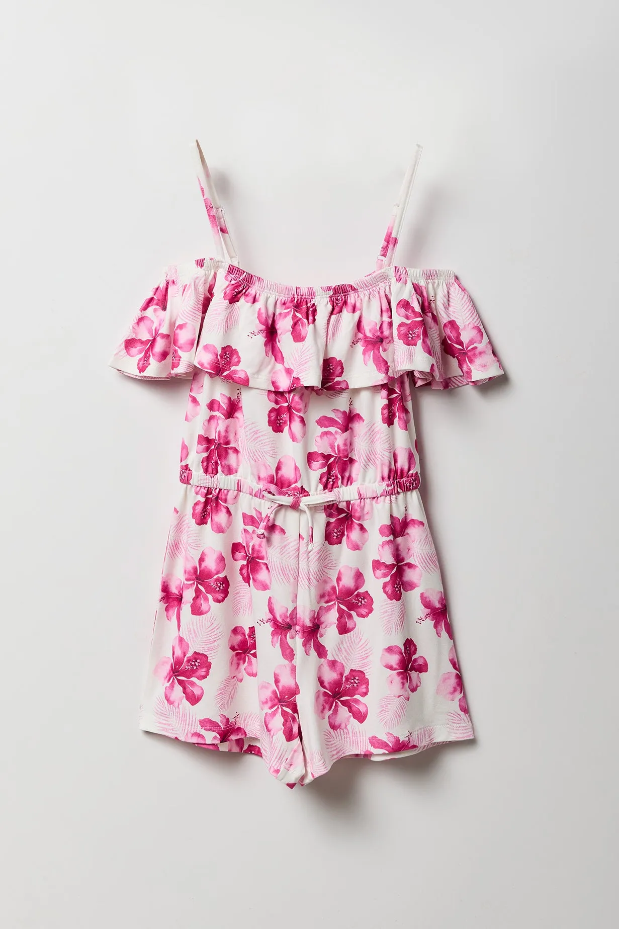 Girls Tropical Off Shoulder Ruffle Romper