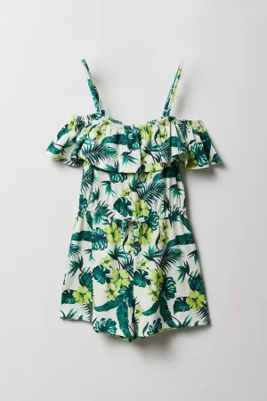 Girls Tropical Off Shoulder Ruffle Romper