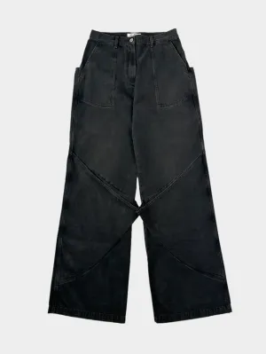 Jeans Neri A Gamba Ampia Con Cuciture Curvilinee