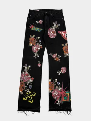 Jeans Neri Ricamati Con Fiori E Grafiche Logo