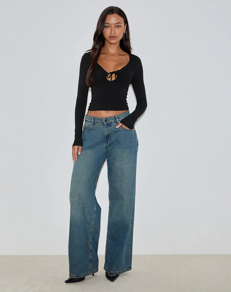 Kamisu Long Sleeve Keyhole Top in Black
