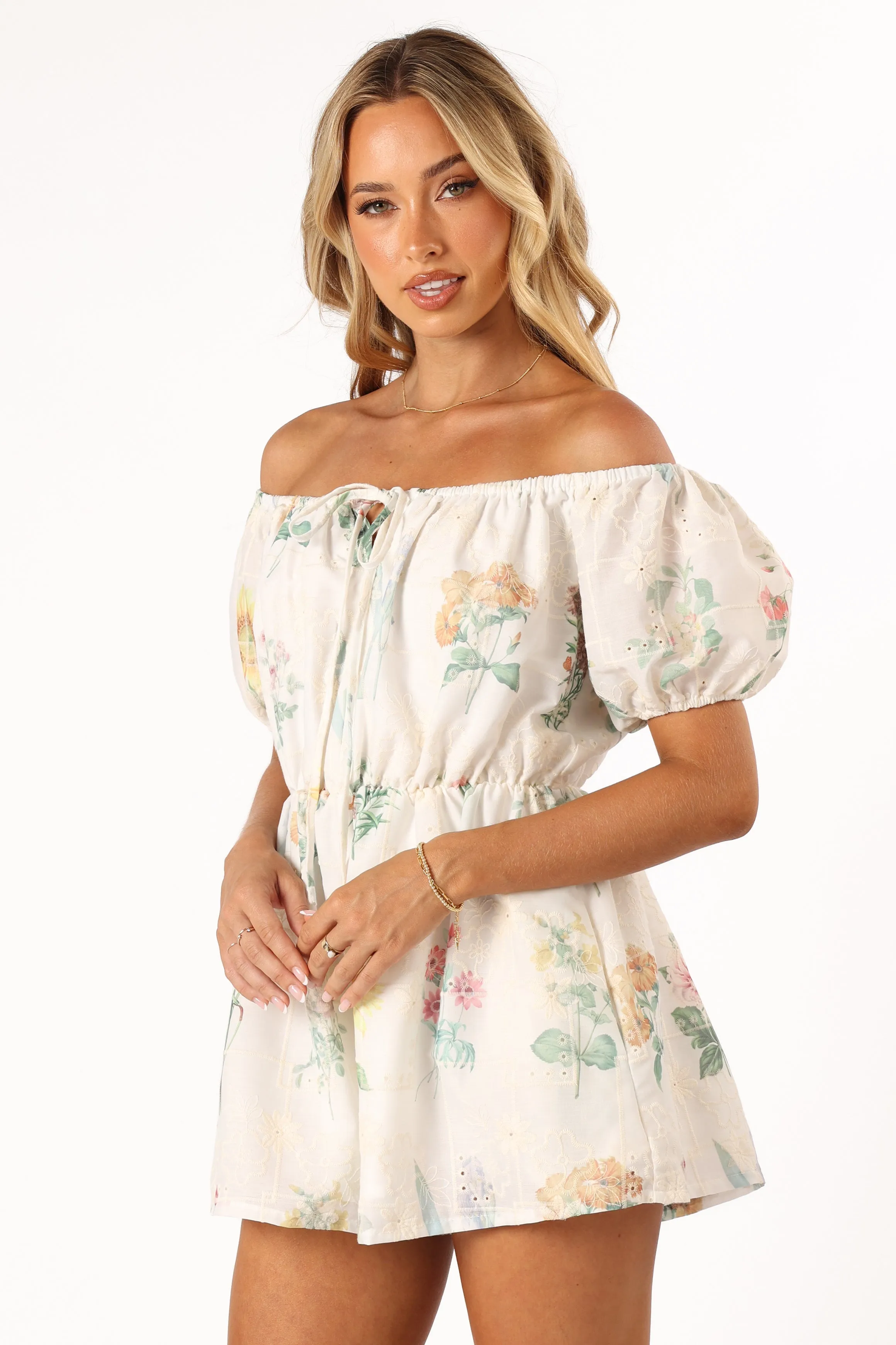 Keleigh Off Shoulder Playsuit - White Floral