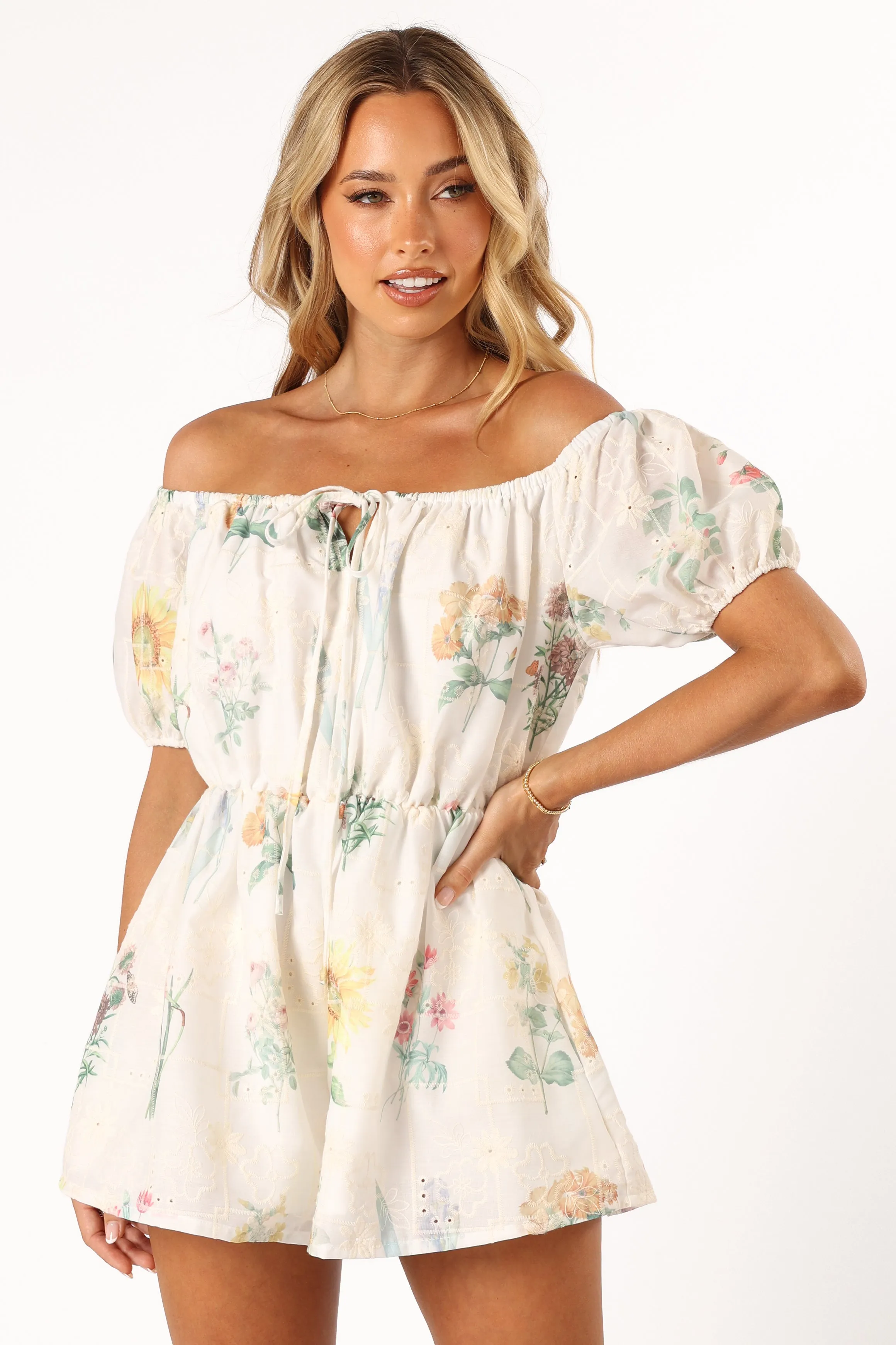 Keleigh Off Shoulder Playsuit - White Floral
