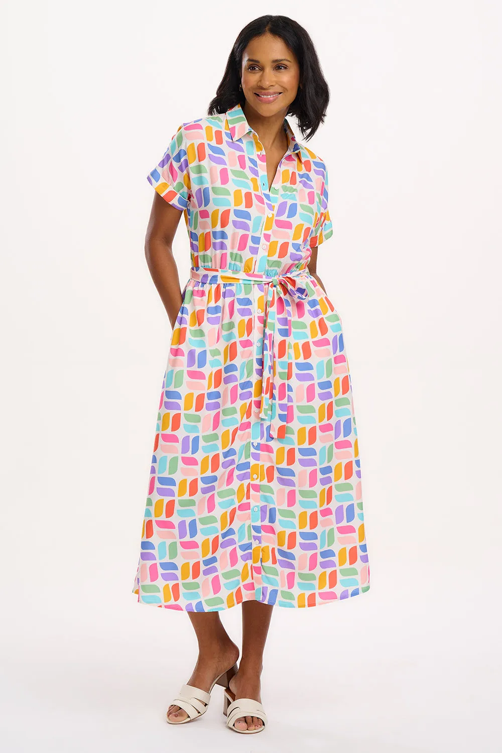 Leigh Midi Shirt Dress - Off-White. Curved Geometric