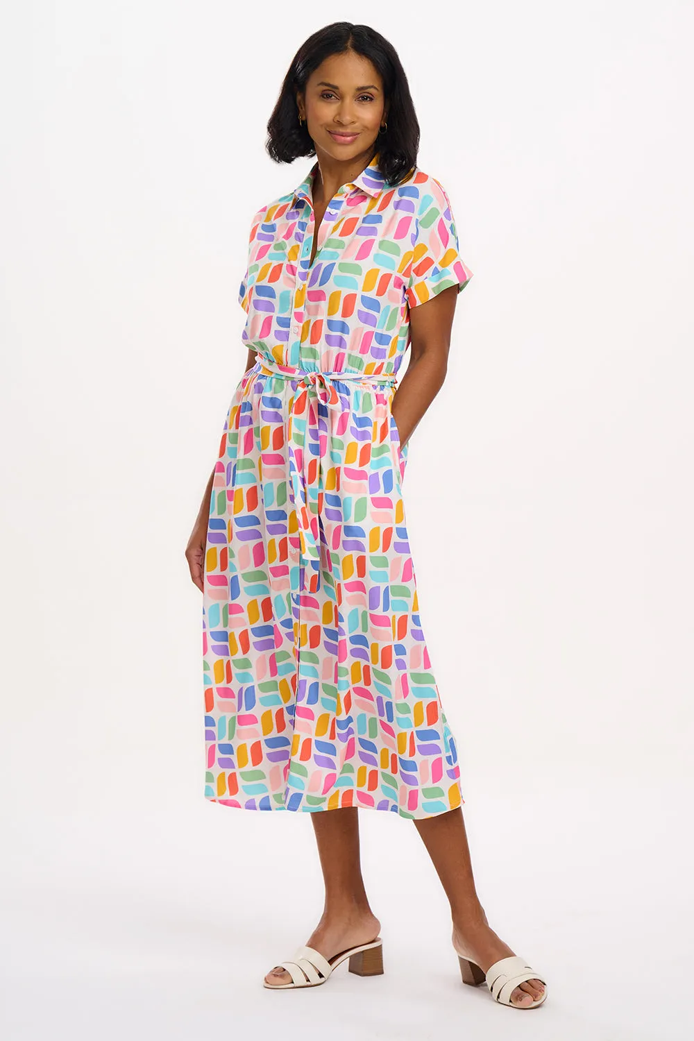 Leigh Midi Shirt Dress - Off-White. Curved Geometric
