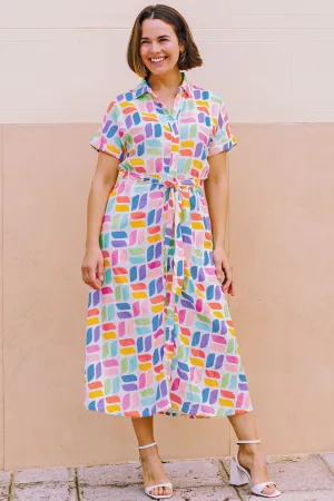 Leigh Midi Shirt Dress - Off-White. Curved Geometric