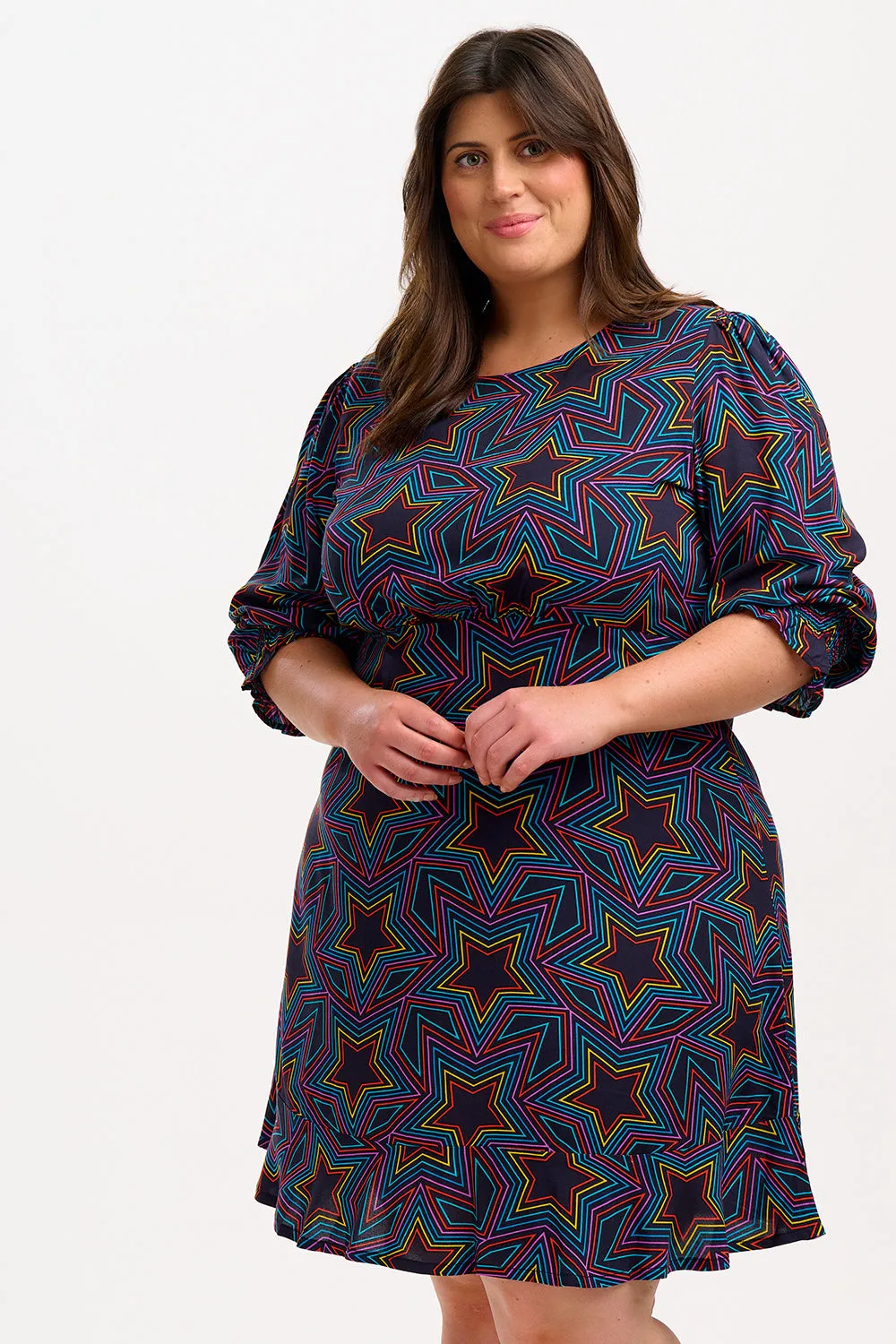 Lorelei Mini Dress - Black. Rainbow Star Explosion