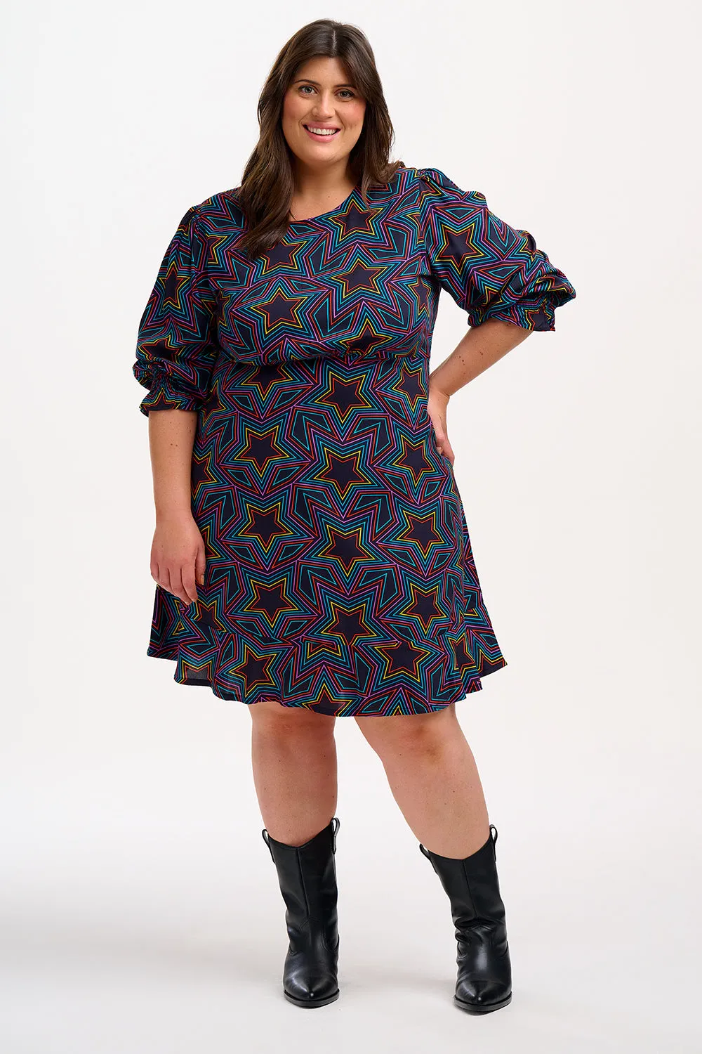 Lorelei Mini Dress - Black. Rainbow Star Explosion