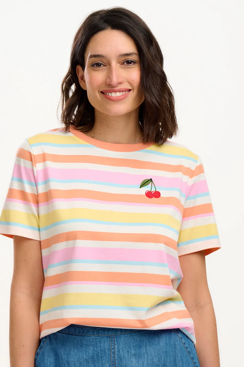 Maggie T-Shirt - Multicolour. Soft Retro Stripes. Cherry