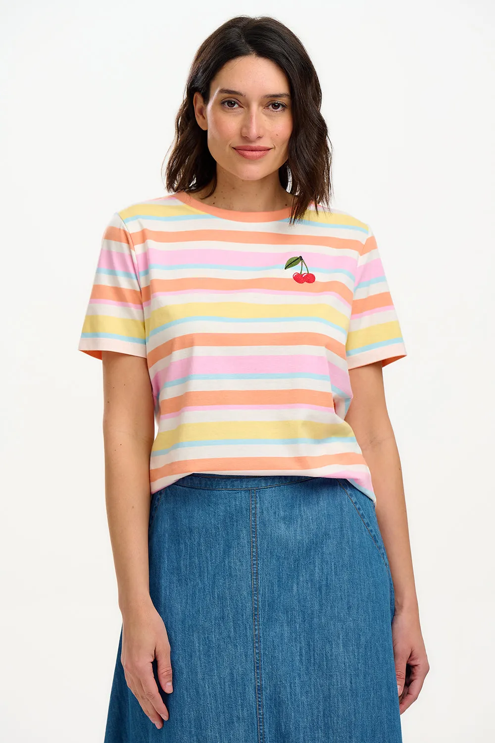 Maggie T-Shirt - Multicolour. Soft Retro Stripes. Cherry