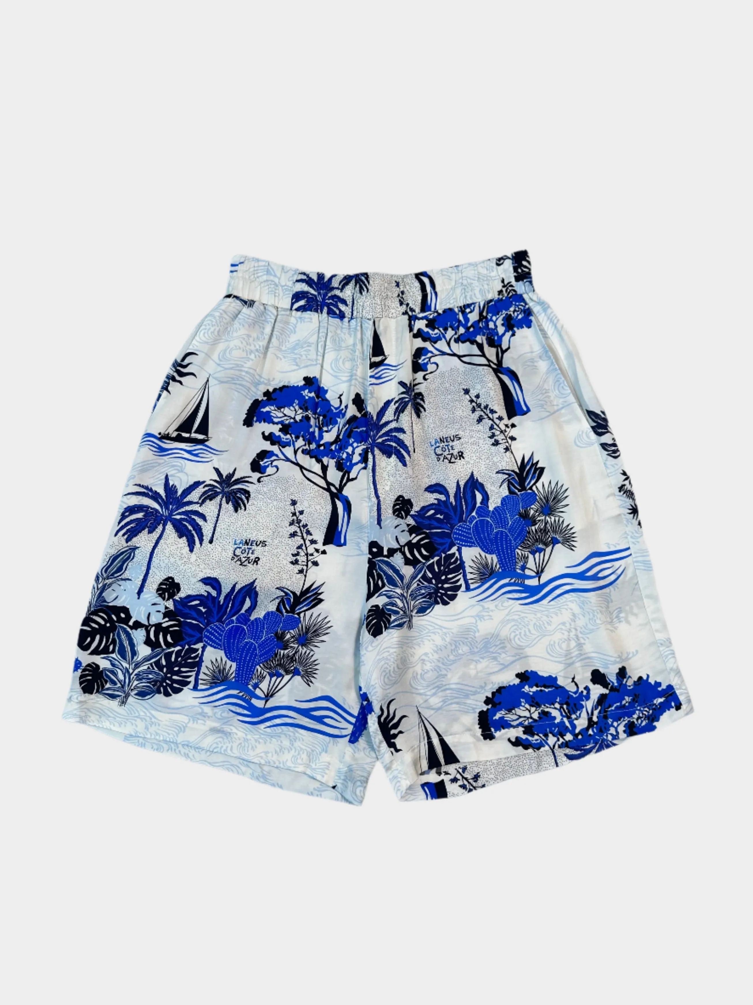 Pantaloni Corti Fantasia Blu Con Vita Elasticizzata