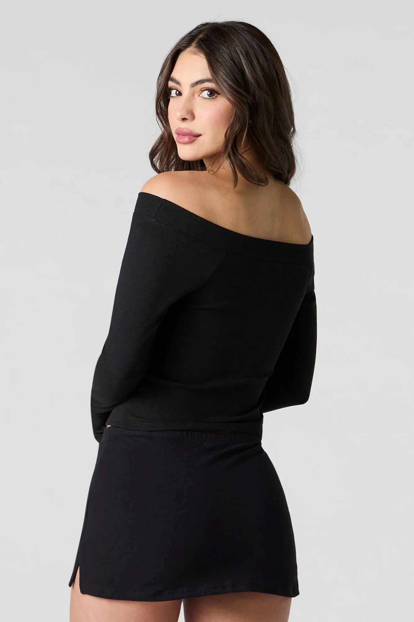 Ribbed Off Shoulder Long Sleeve Top