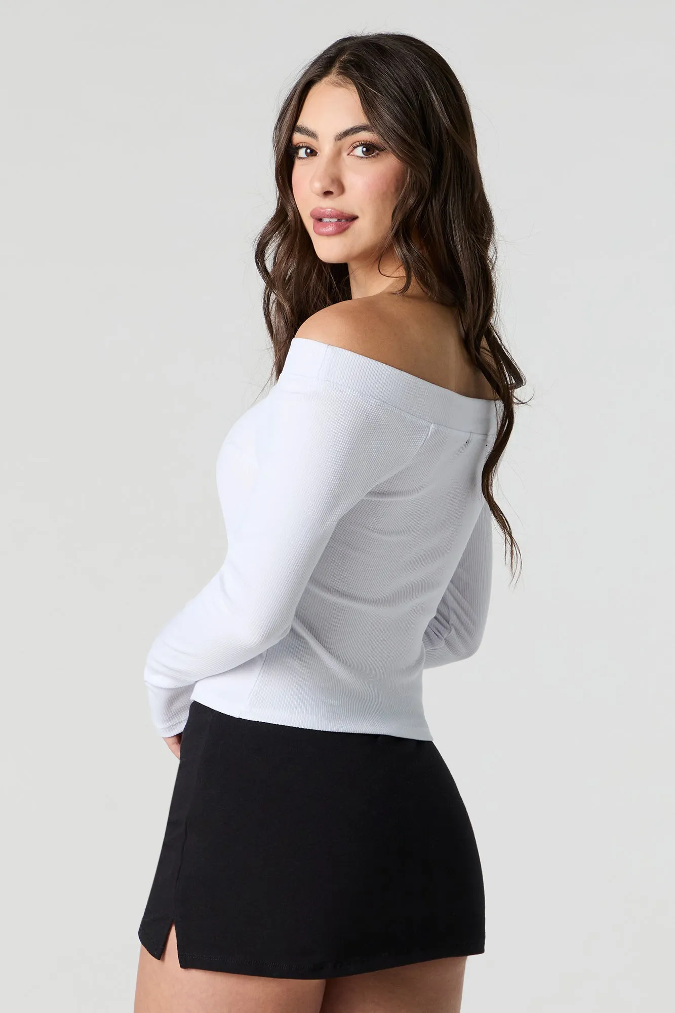 Ribbed Off Shoulder Long Sleeve Top