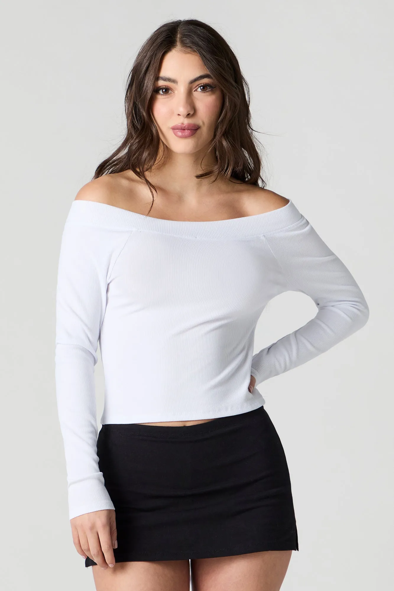 Ribbed Off Shoulder Long Sleeve Top