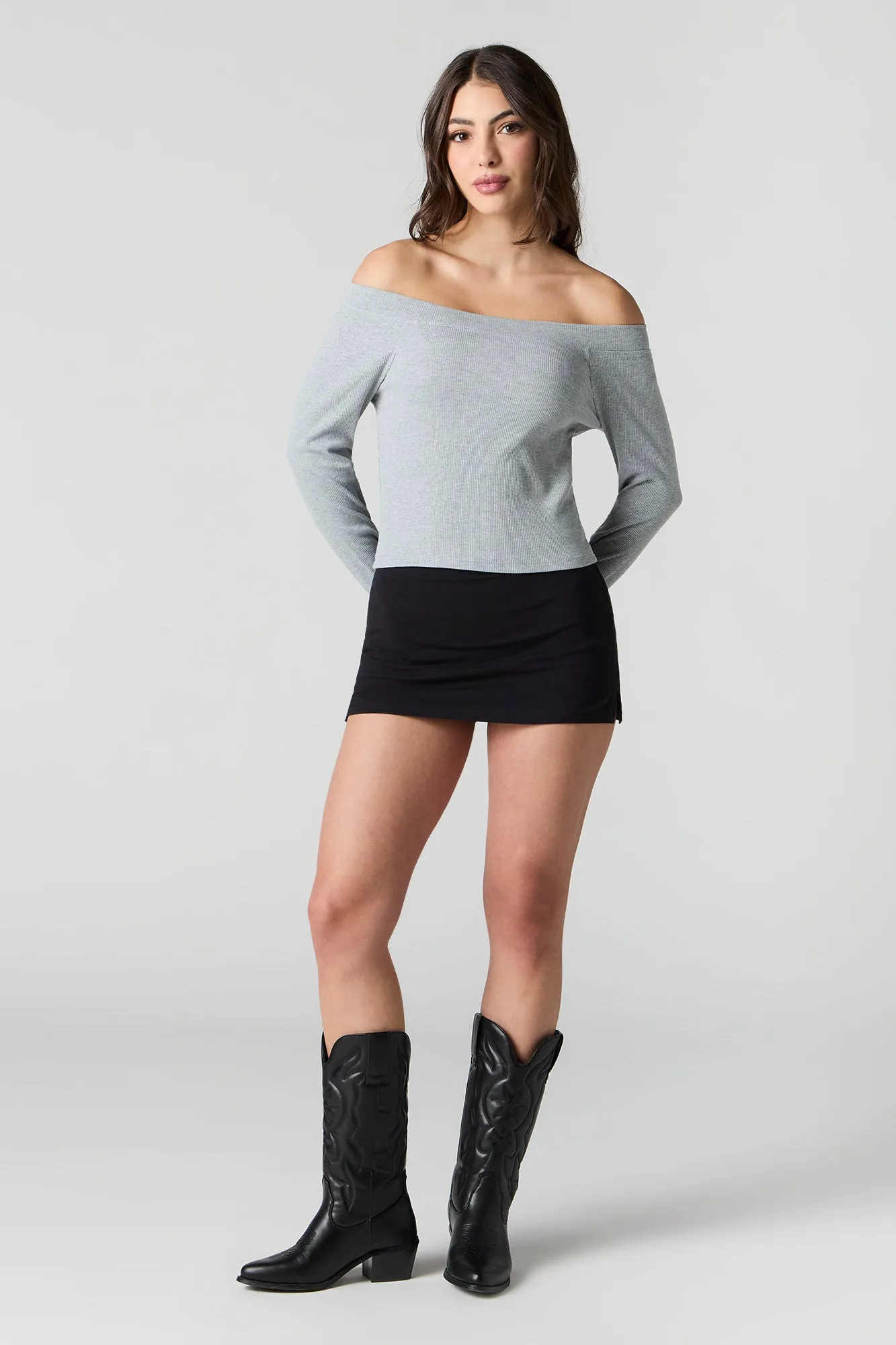 Ribbed Off Shoulder Long Sleeve Top