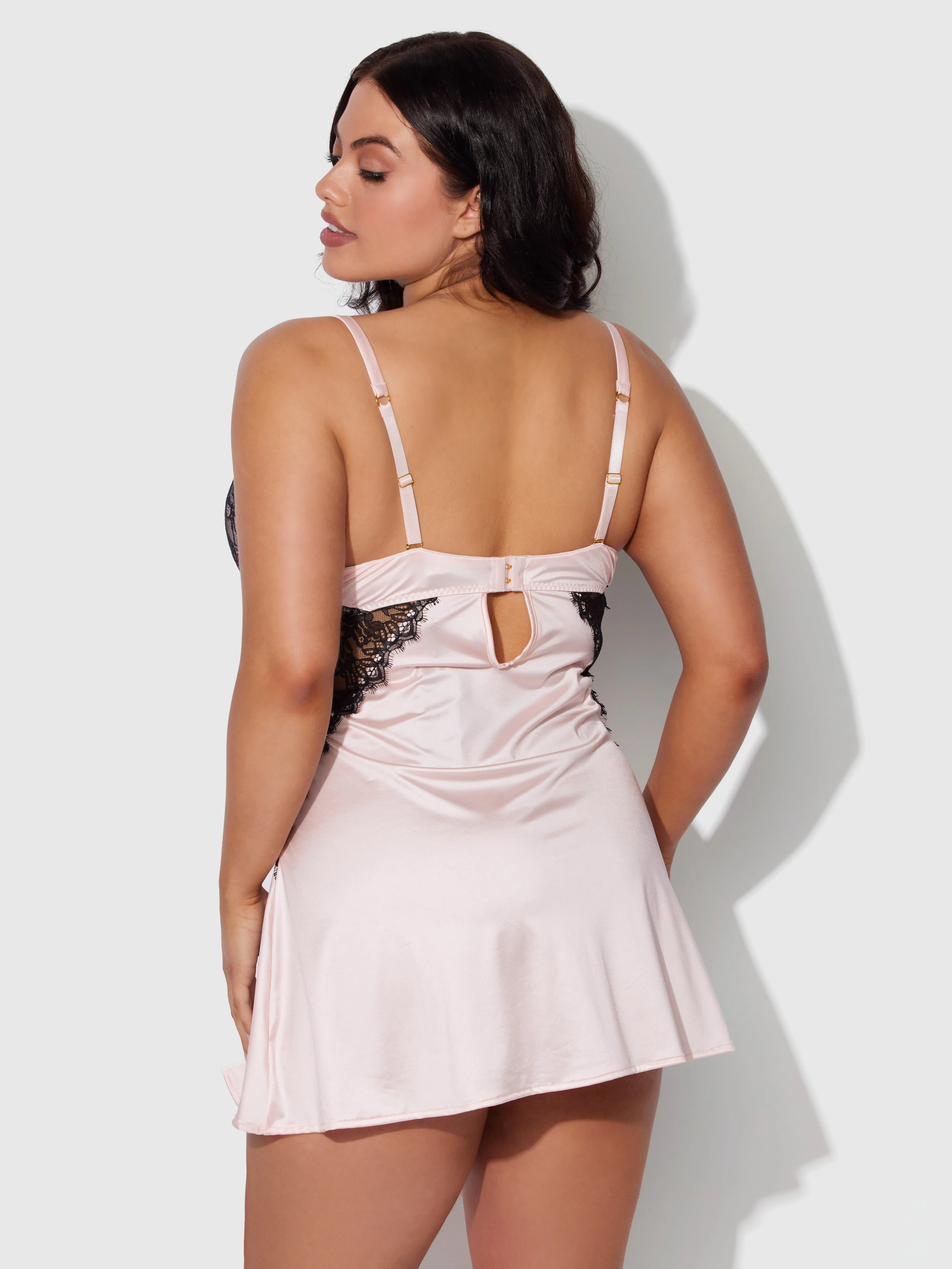 Rising Star Plunge Push Up Babydoll in Liquid Satin & Lace