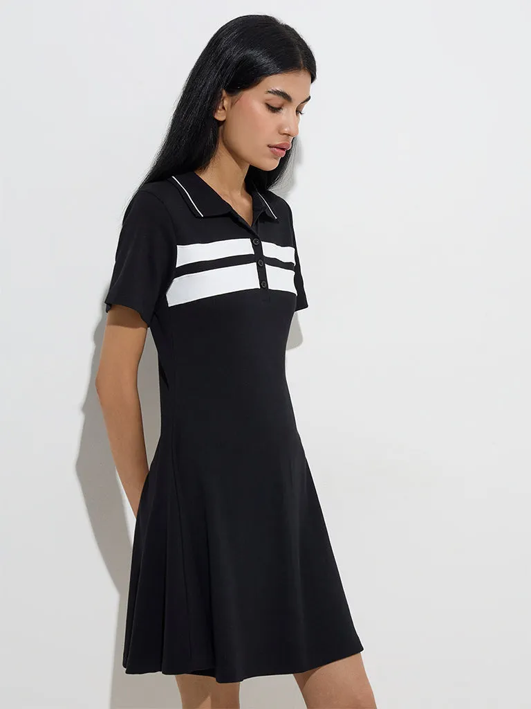 Studiofit Black Ribbed Cotton-Blend A-Line Dress