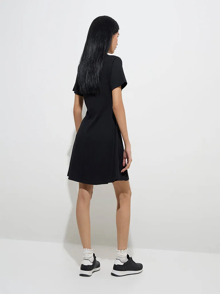 Studiofit Black Ribbed Cotton-Blend A-Line Dress