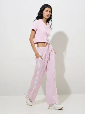 Studiofit Pink Criss-Cross Detailed Cotton-Blend T-Shirt