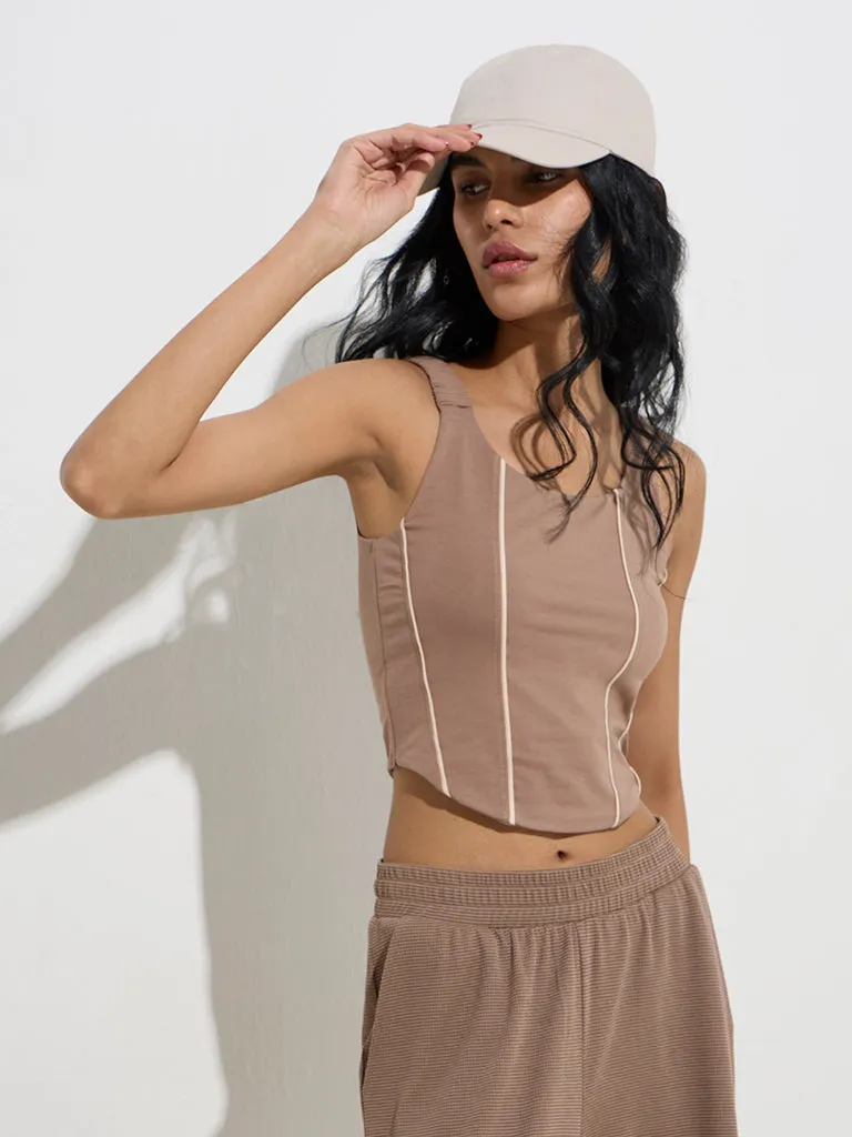Studiofit Taupe Corset-Style Cotton-Blend Top