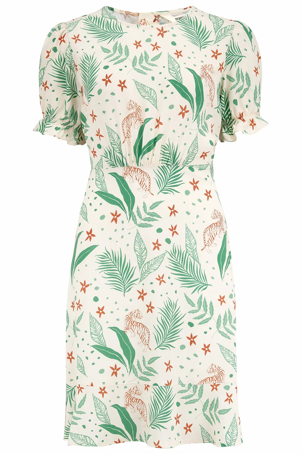 Tabitha Mini Dress - Cream. Jungle Leaves