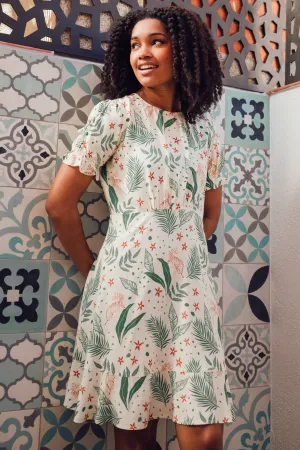 Tabitha Mini Dress - Cream. Jungle Leaves