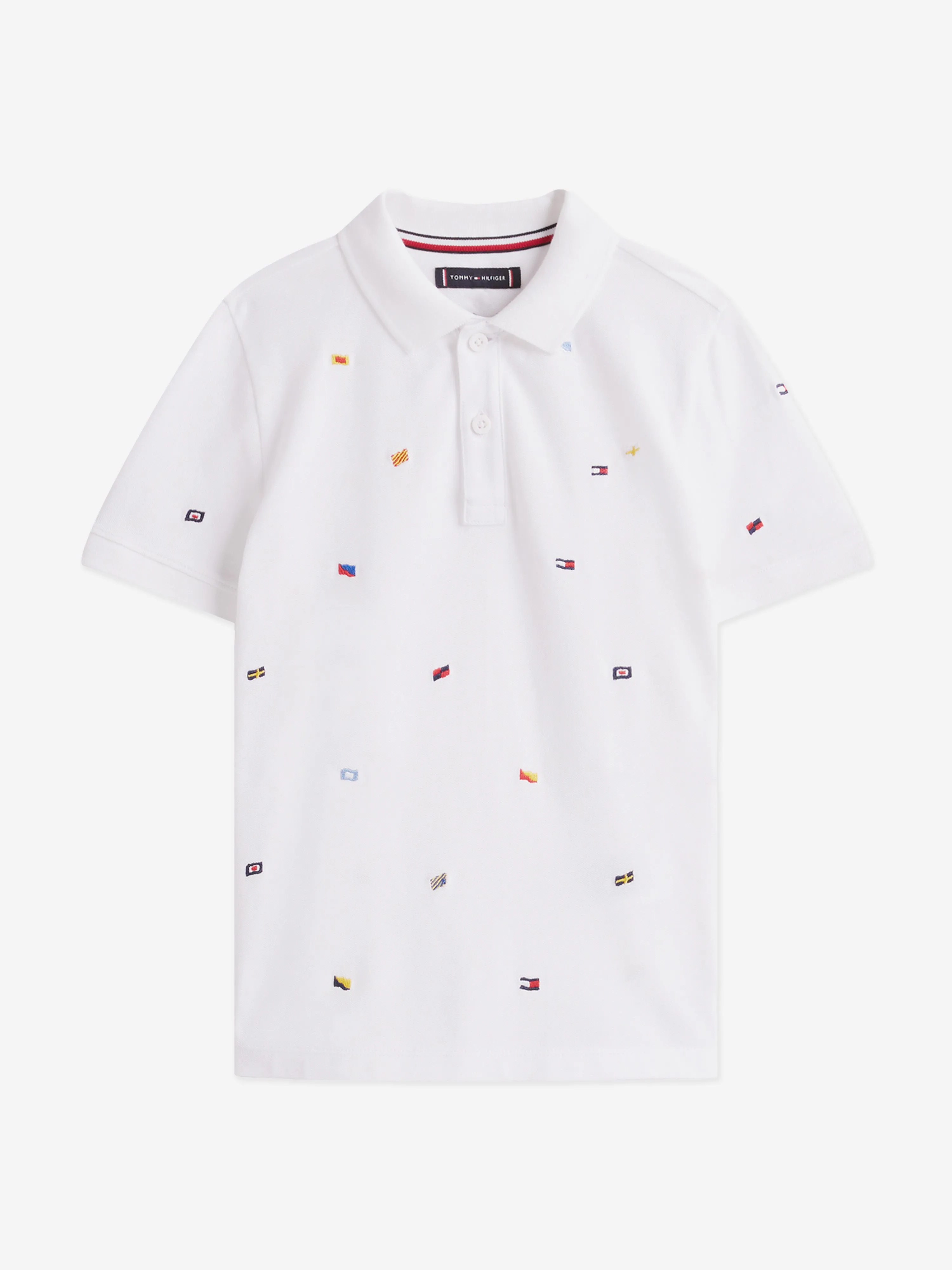 Tommy Hilfiger Boys All Over Flag Embroidered Polo Shirt in White