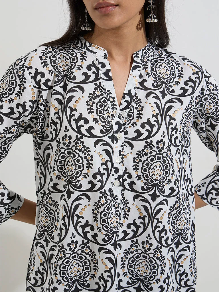 Utsa Black Printed Straight Cotton Kurta