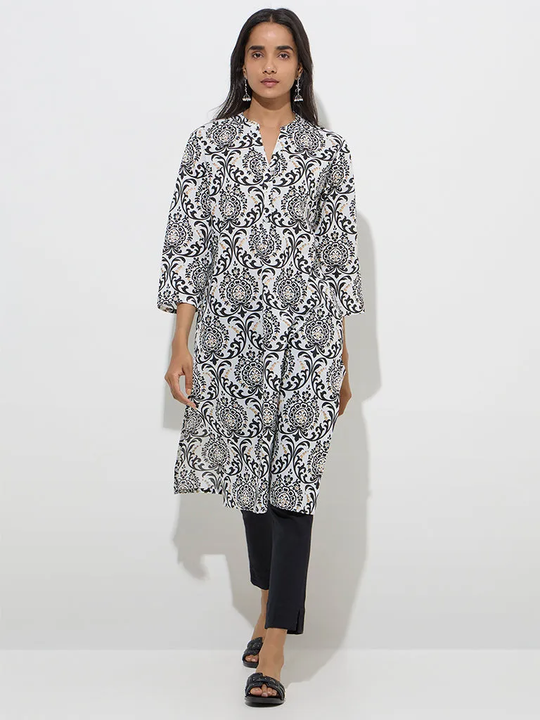 Utsa Black Printed Straight Cotton Kurta