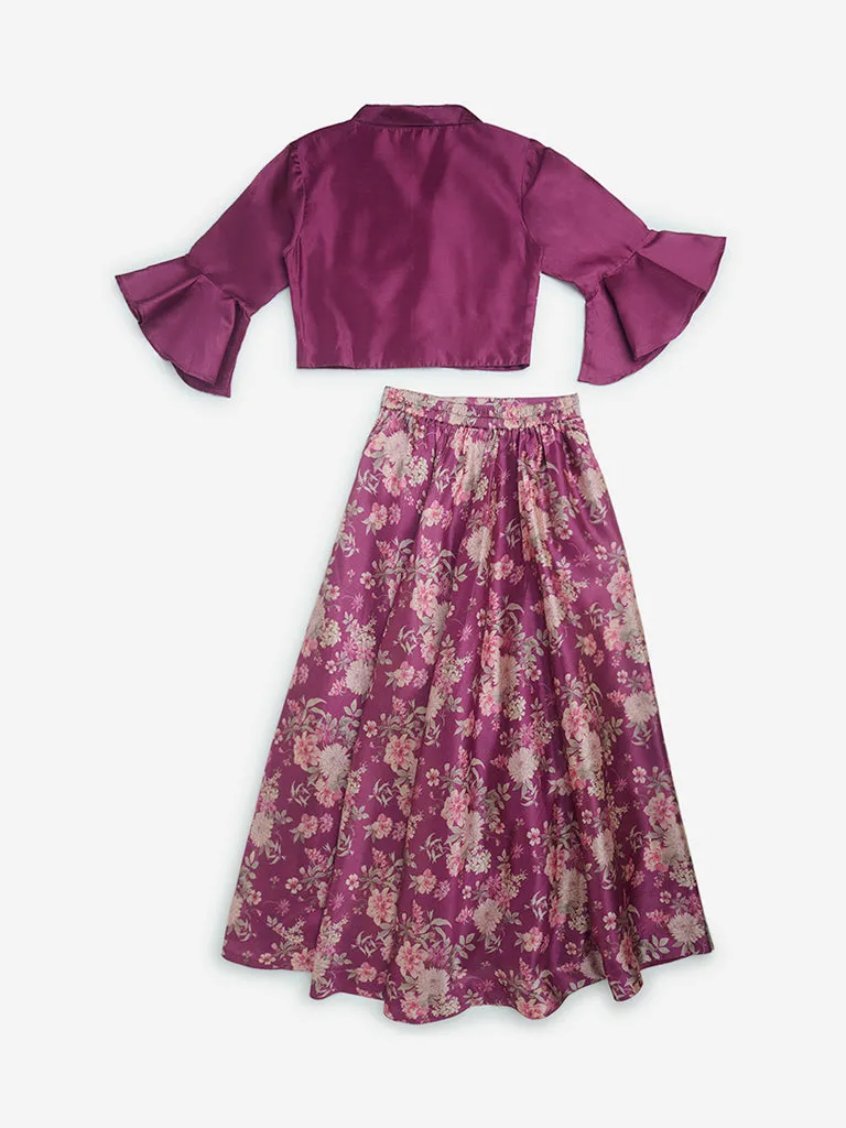 Utsa Kids Wine Floral Embellished Choli and Ghagra Set - (8-14yrs)