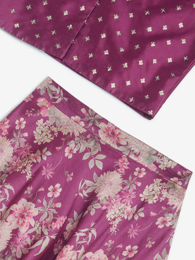 Utsa Kids Wine Floral Embellished Choli and Ghagra Set - (8-14yrs)